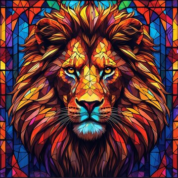 Majestic Lion in Vibrant Stained Glass Style Art