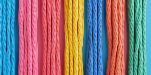Vibrant twisted candy sticks in rainbow colors. Background in matching hues. Colorful confectionery concept. Fun, playful, and perfect for sweet treat lovers.