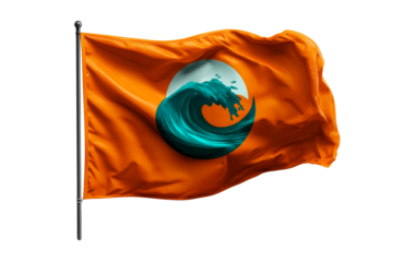 Vibrant orange flag with wave design representing coastal culture