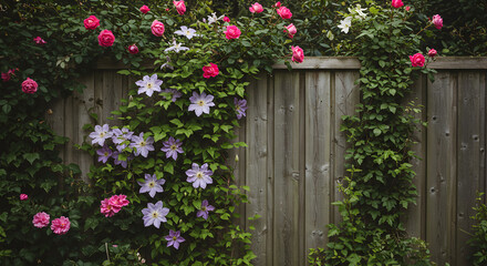 Fototapeta premium Charming Garden Fence Adorned With Climbing Roses and Clematis Blooming Gracefully