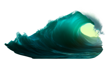 Powerful ocean wave crashing with sunlight filtering through