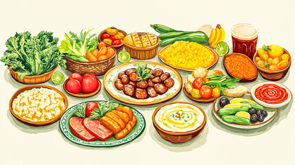 Full meal set with various dishes, veggies, meats, grains, fruits