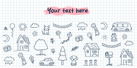 Banner template. Cute doodle children's drawings on a notebook sheet. Vector background for your text.
