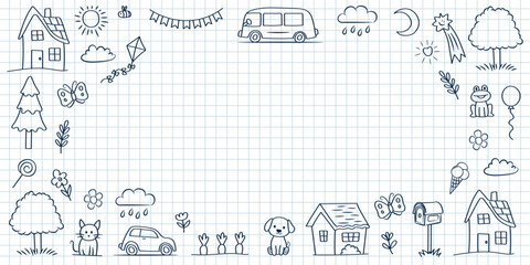 Banner template with cute doodle children's drawings. House, tree, cat, dog on a notebook sheet. Vector background for your text.
