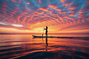 Silhouette of Asian Woman Peacefully Paddleboarding (SUP) on Calm Glassy Sea at Breathtaking Sunset