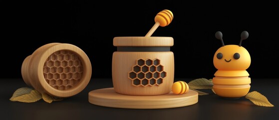 Adorable Honeybee and Honeycomb Arrangement on Dark Background a Whimsical Still Life Featuring a Cute Bee Honey Pot and Dipper in a Playful Composition