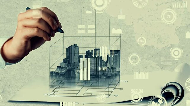 City civil planning and inventive real estate development . Architect people looking at abstract city sketch drawing to design creative future city building. Architecture dream and ambition concept.