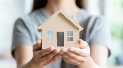 First time homebuyer holding model house concept for new beginnings and real estate