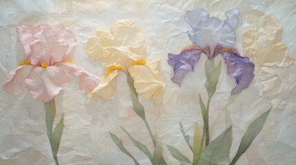 Pastel irises arranged in a delicate, light-toned design.
