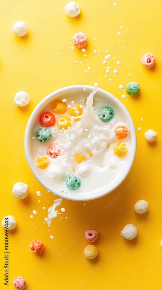 Poster colorful cereal spheres in milk splash on vibrant yellow backdrop creating a playful and delicious b