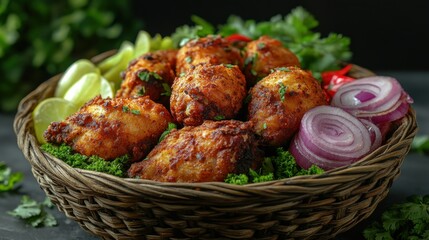 Crispy fried chicken drumsticks in a basket