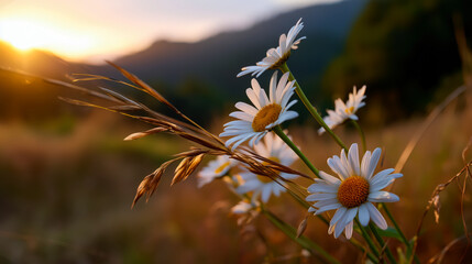 Close-up of daisies with wheat stalks in a field during sunset with soft golden light