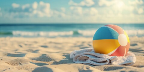 Obraz premium a colorful egg on a towel on a sandy beach with the ocean in the background 