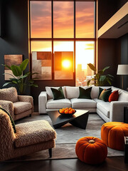 Chic Comfort: Modern Living Space with Designer Furniture and Cityscape, Generative AI