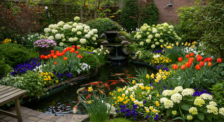 Serene Backyard Oasis With Lush Garden Landscape Featuring Koi Pond And Waterfall