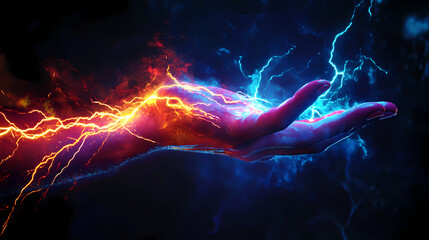 A hand grasps a vivid lightning bolt, symbolizing raw energy and power. [Electric Myths] | Quantum Seraphs | uncertain angels. Illustration