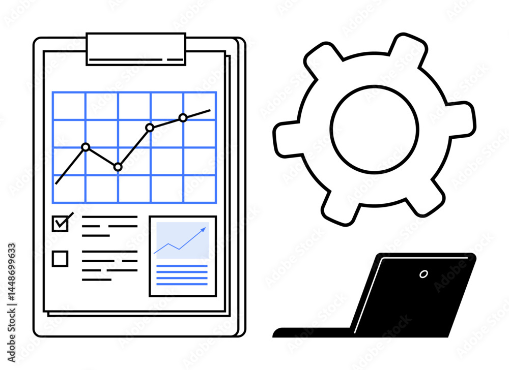 Poster graph reports with checklists on a clipboard, gear icon, and laptop symbolize data-driven analysis, 