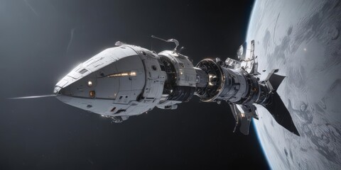 Sleek spacecraft orbiting luminous white planet ,  planetary science,  orbital station,  astronomy