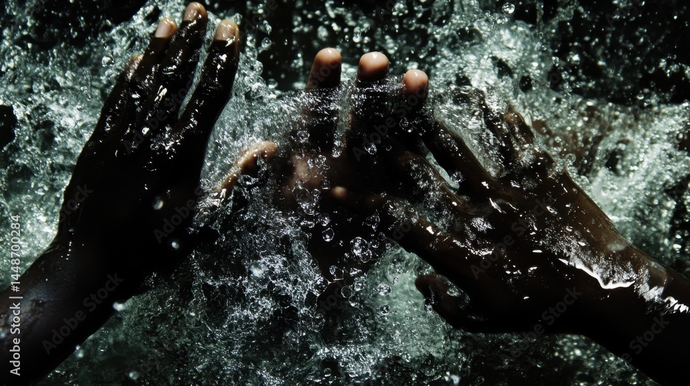 Aufkleber hands submerged in clear water creating splash and ripple effect with dark background and dramatic l