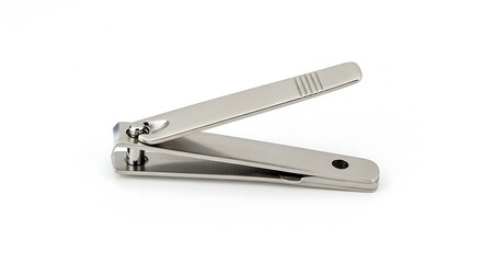 A pair of stainless steel nail clippers isolated on a white background, clean studio lighting, sharp detail, minimal shadows, grooming tool
