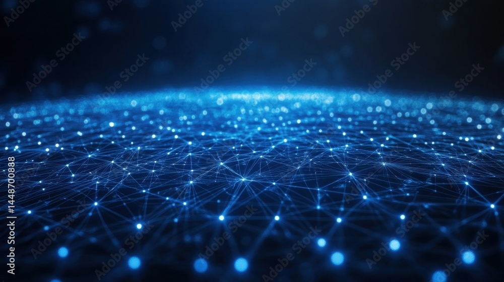 Poster abstract blue network background with glowing nodes and connections representing technology innovati