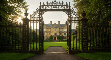 Grand Estate Seen Through Ornate Gates In Lush Green Environment