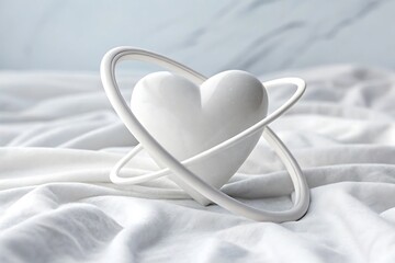 Love in Orbit: A white ceramic heart encased in two infinity rings rests on a soft, white fabric, symbolizing everlasting love and commitment.  
