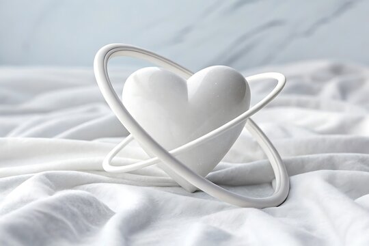 Love in Orbit: A white ceramic heart encased in two infinity rings rests on a soft, white fabric, symbolizing everlasting love and commitment.  