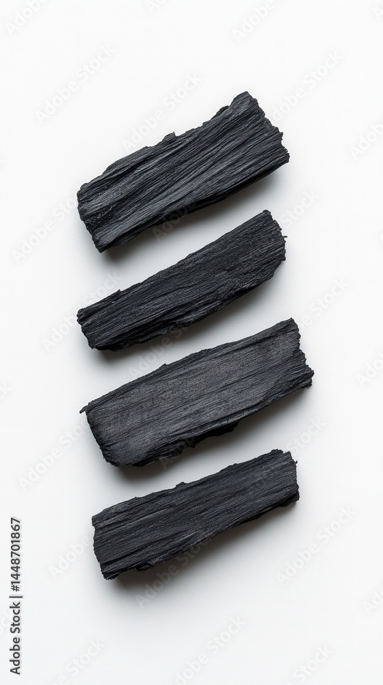 Poster four pieces of dark charcoal arranged vertically on a white background creating a minimalist and mod
