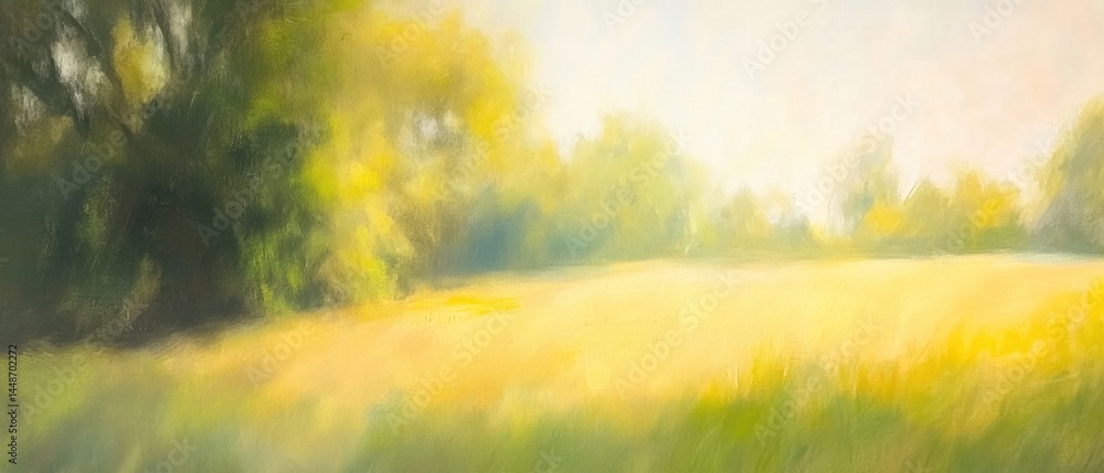 Poster impressionistic landscape painting of a golden field with lush green trees and a soft hazy backgroun