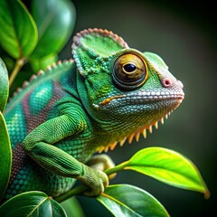 Obraz premium a chameleon blending into a green leafy branch 