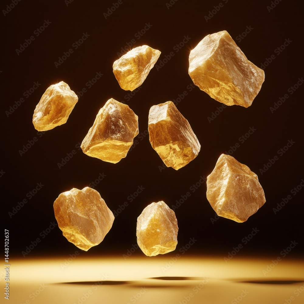 Aufkleber golden calcite nuggets floating in a dark space with a soft golden glow casting shadows below minera