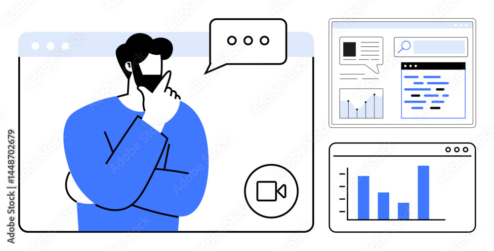 Poster man thinking during virtual meeting with speech bubble, analytics windows, chart visuals, and graphs