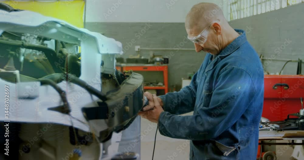 Poster mechanic sanding vehicle frame in auto repair workshop, displaying floating tool icons and data