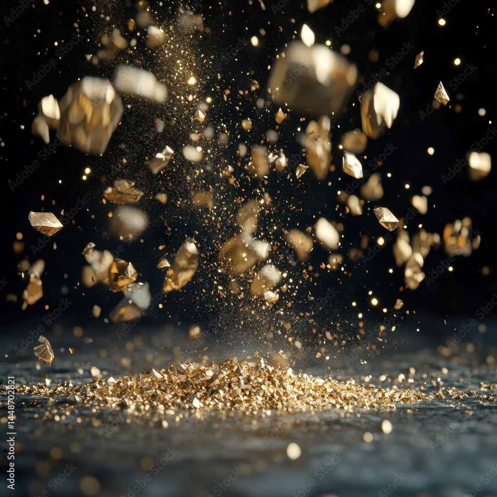 Poster luxurious golden particles falling on a dark surface creating a dynamic and elegant visual effect wi