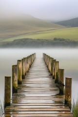 Obraz premium Serene morning at the lake wooden pier vanishing into the mist with green hills and forest background landscape photography idyllic nature scene