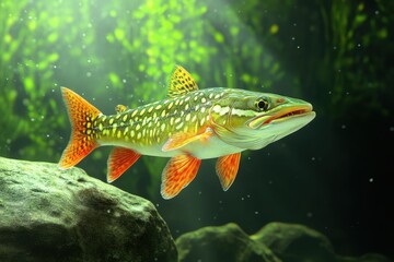 Fototapeta premium Captivating pike swimming gracefully in a serene underwater environment with vibrant colors and detailed textures showcasing nature's beauty in aquatic life