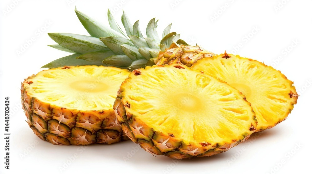 Poster sliced pineapple on white background showing juicy texture and vibrant color of tropical fruit in st