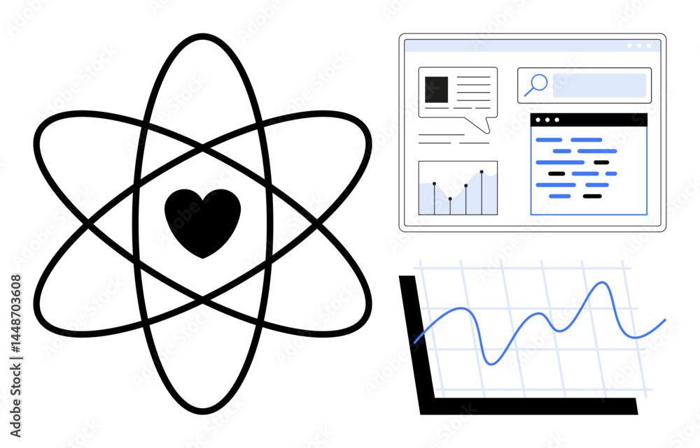 Poster atom with heart at center, data dashboard, and graph chart. ideal for science, analytics, research, 