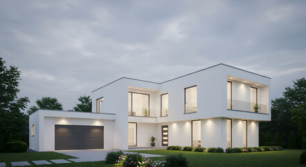 Modern White Two Story House With Garage in the Evening Scenery