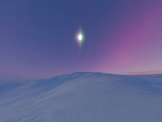 Serene winter landscape under a starry night sky with a radiant moon casting a soft glow on the snow covered hills creating a peaceful and dreamy atmosphere