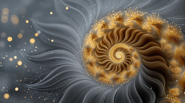 Spiral fractal in digital style in gold, brown colors representing art and math