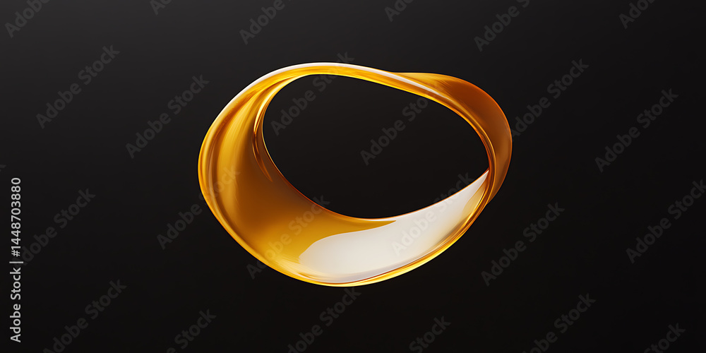 Poster Abstract golden loop floating against a dark background. The glossy material reflects light, creating highlights and shadows that emphasize its curves.