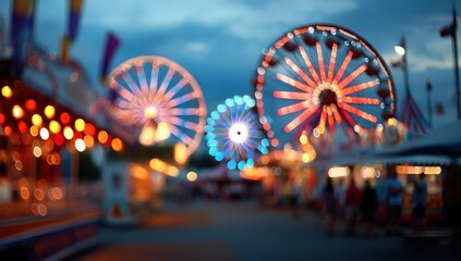 Blurred evening fair scene with ferris wheels and lights creating bokeh effects