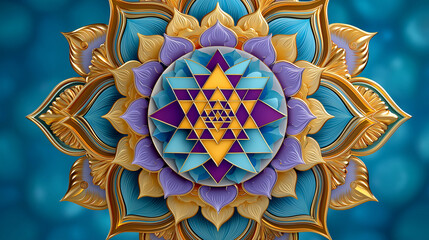 Sri Yantra intricate design in gold, purple, blue spiritual symbol
