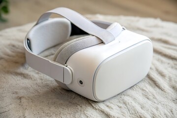 Virtual Reality Headset: A sleek, modern VR headset rests in a neutral and cozy environment, showcasing its design. A symbol of immersive technology and virtual experience.