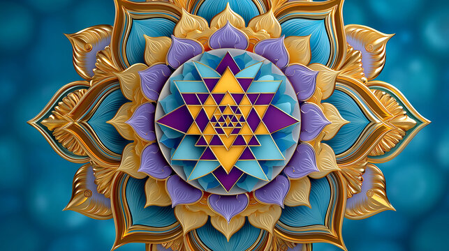 Sri Yantra intricate design in gold, purple, blue spiritual symbol