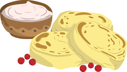 ukrainian syrniki cheese pancakes vector illustration with sour cream and cranberries, simple traditional breakfast dessert, isolated on white background