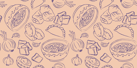 seamless vector pattern ukrainian food outline on light beige background, design borscht, varenyky, holubtsi, salo, garlic, onion, traditional cuisine, blue pen