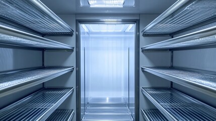 Obraz premium Clean and Organized Empty Shelves Inside Freezer Unit for Commercial Use